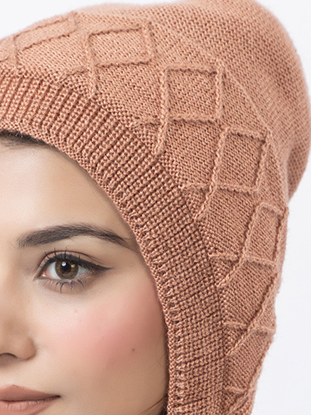 AMOLDO Women's Wool Beanie Fleece Cap with Attached Scarf- Peach