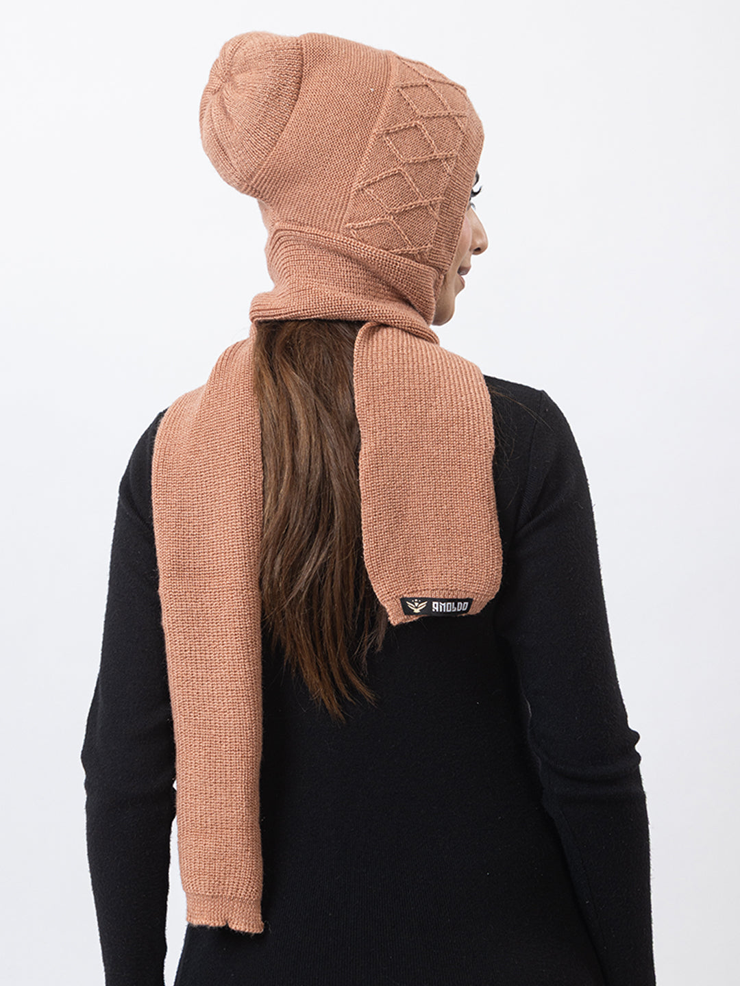 AMOLDO Women's Wool Beanie Fleece Cap with Attached Scarf- Peach