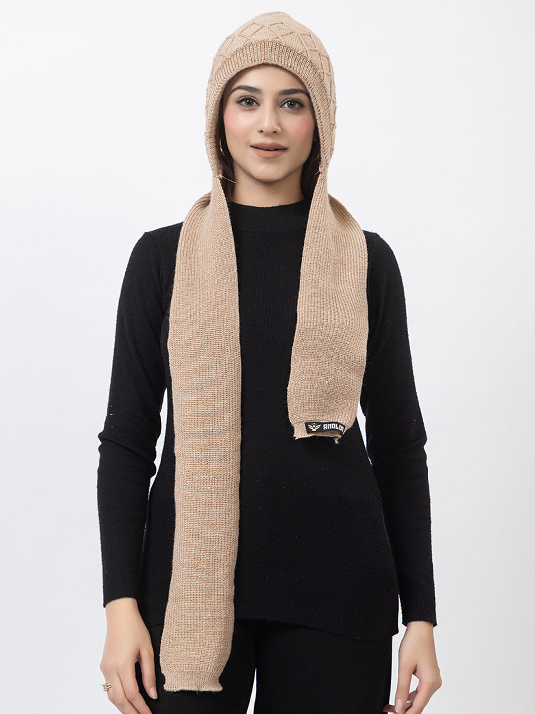 AMOLDO Women's Wool Beanie Fleece Cap with Attached Scarf- Cream