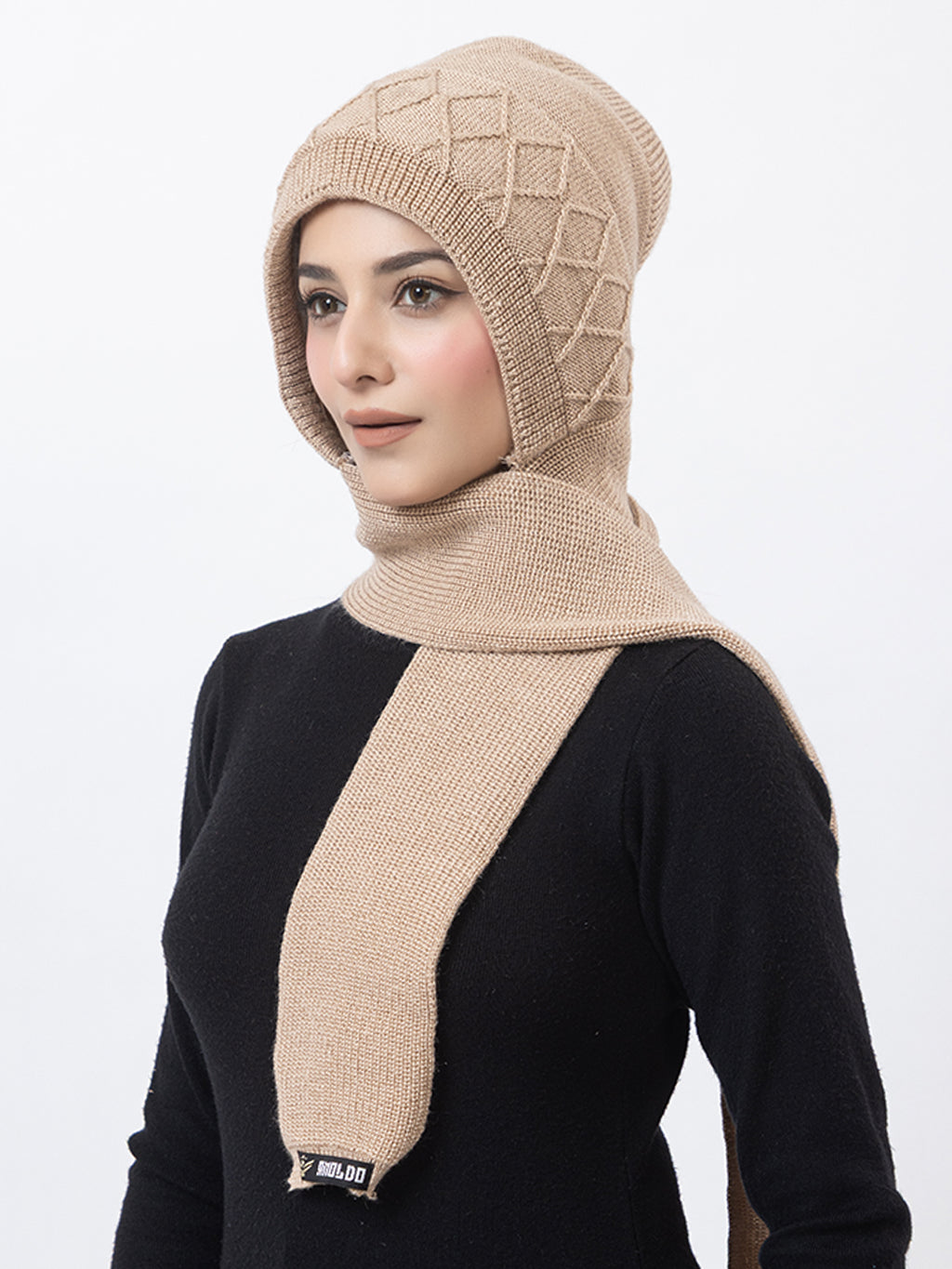 AMOLDO Women's Wool Beanie Fleece Cap with Attached Scarf- Cream