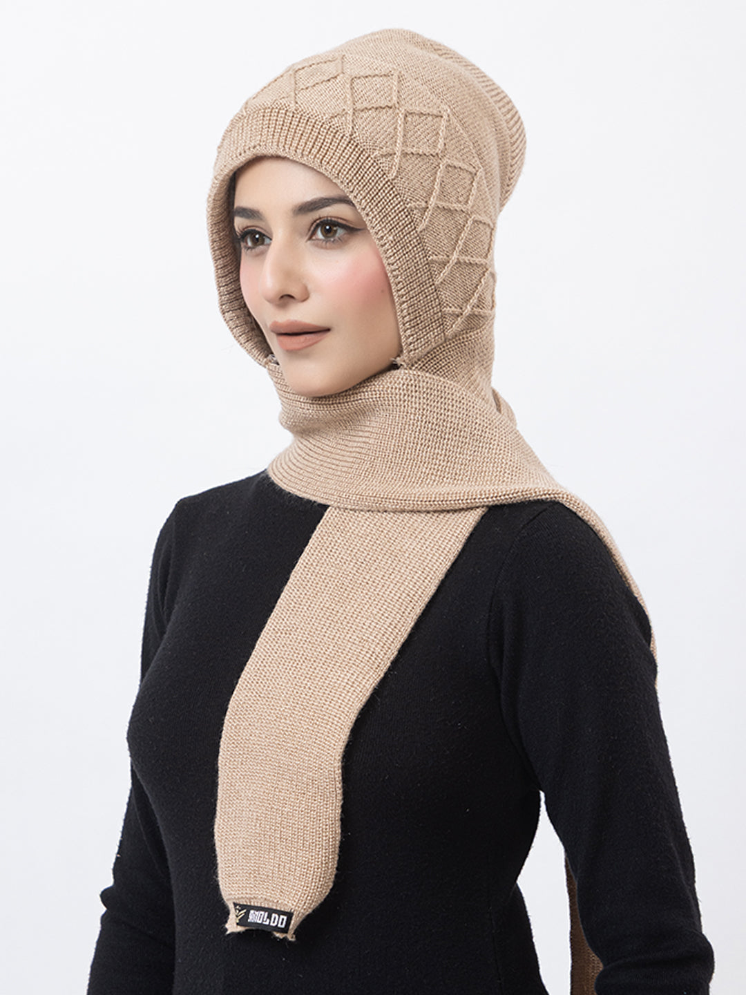 AMOLDO Women's Wool Beanie Fleece Cap with Attached Scarf- Cream