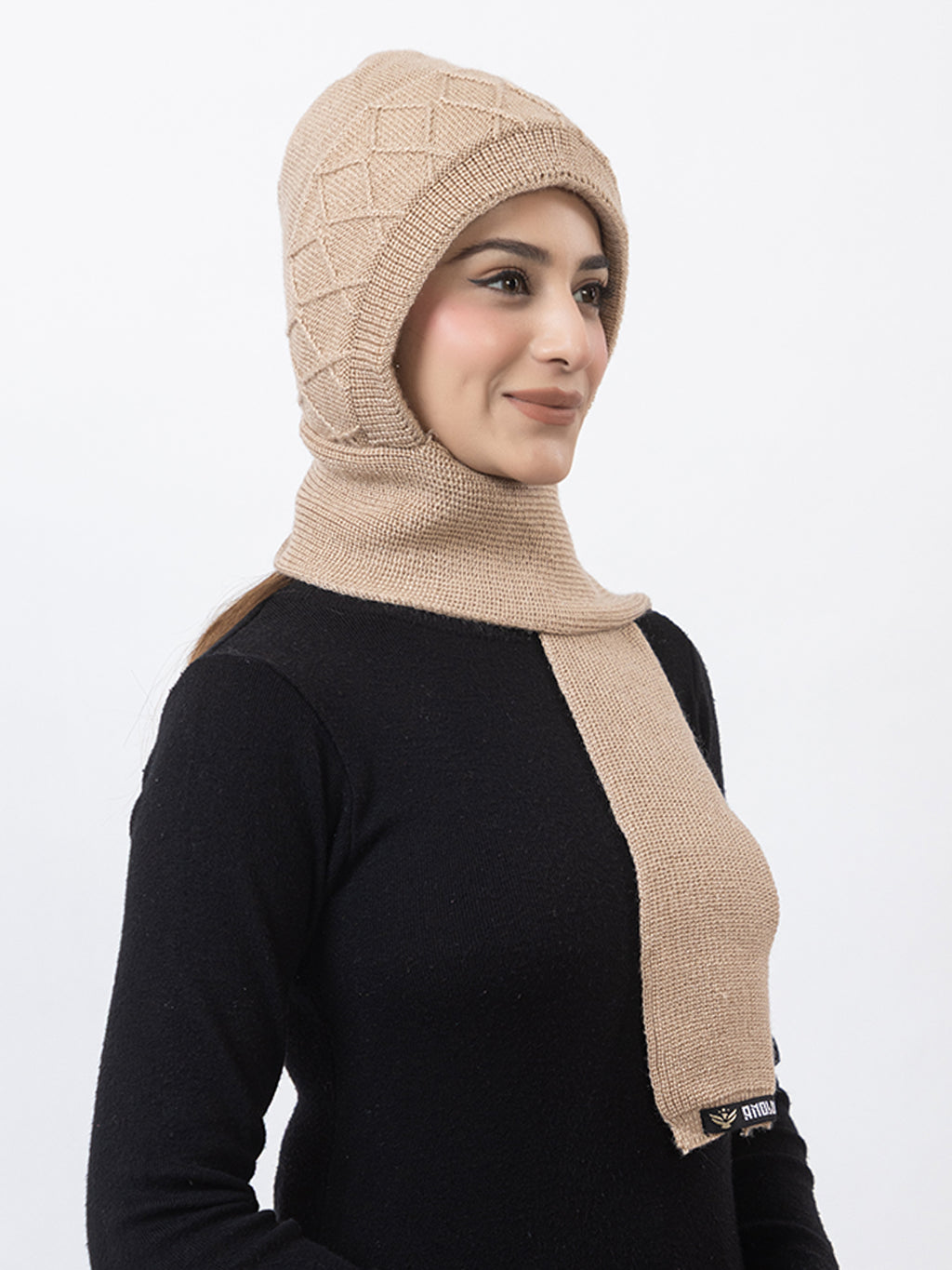 AMOLDO Women's Wool Beanie Fleece Cap with Attached Scarf- Cream