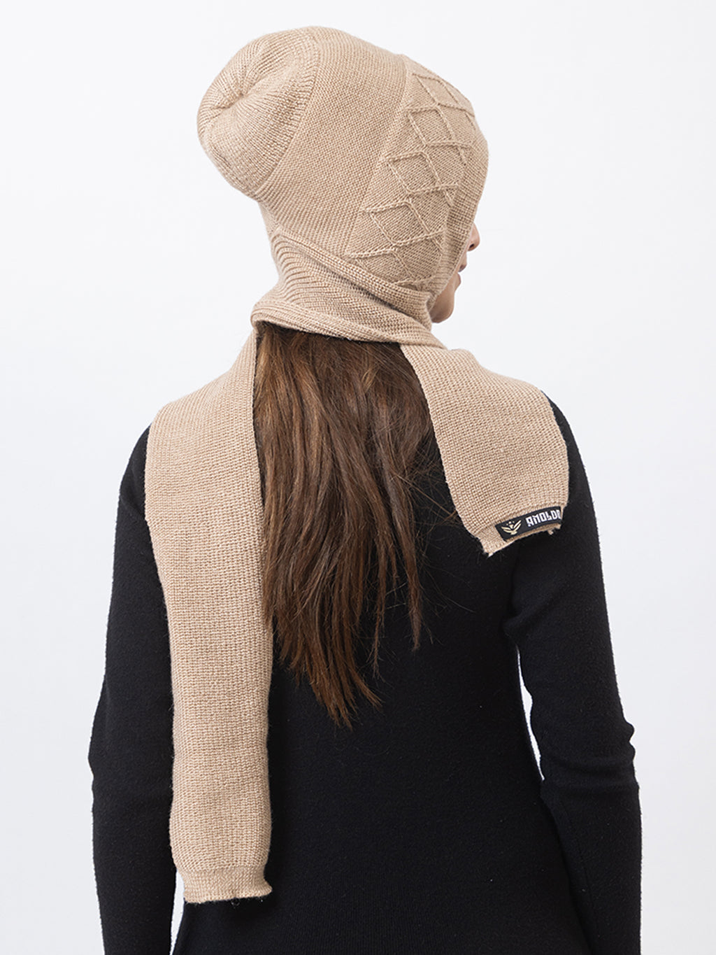 AMOLDO Women's Wool Beanie Fleece Cap with Attached Scarf- Cream