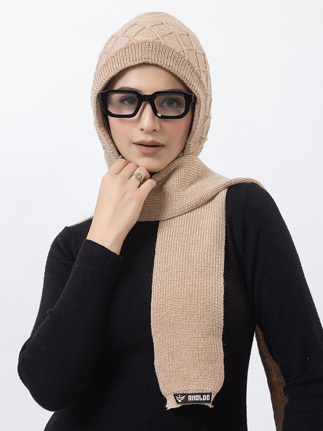 AMOLDO Women's Wool Beanie Fleece Cap with Attached Scarf- Cream