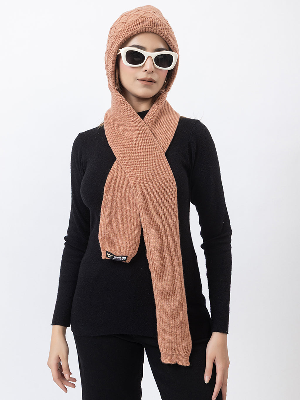 AMOLDO Women's Wool Beanie Fleece Cap with Attached Scarf- Peach