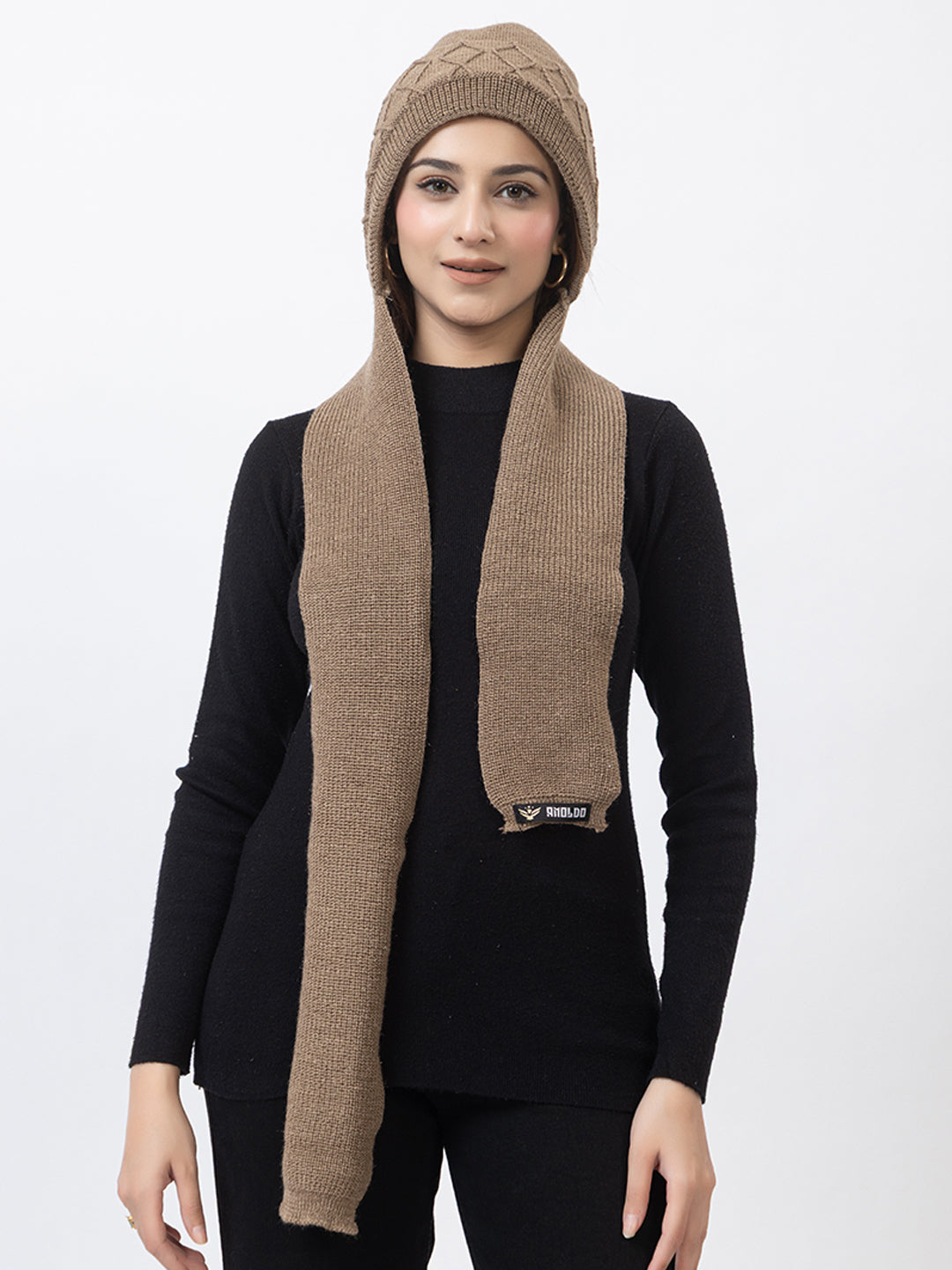 AMOLDO Women's Wool Beanie Fleece Cap with Attached Scarf- Beige