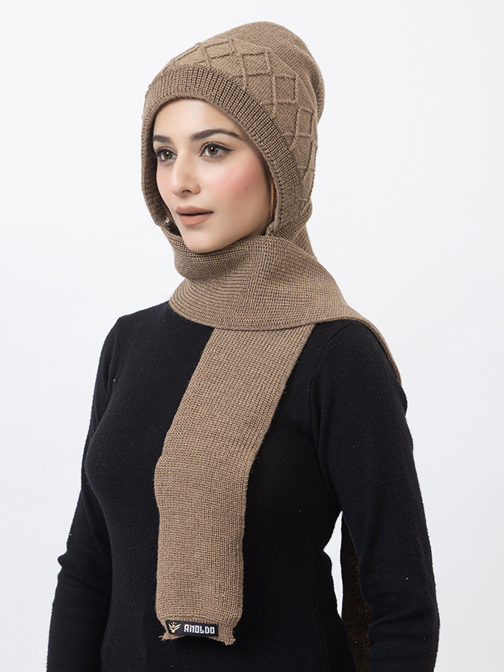 AMOLDO Women's Wool Beanie Fleece Cap with Attached Scarf- Beige