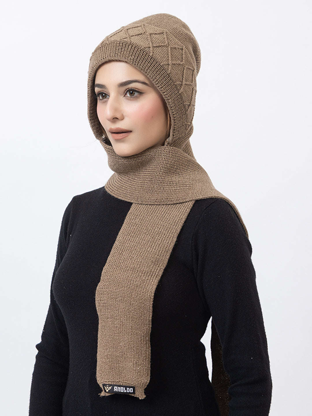 AMOLDO Women's Wool Beanie Fleece Cap with Attached Scarf- Beige