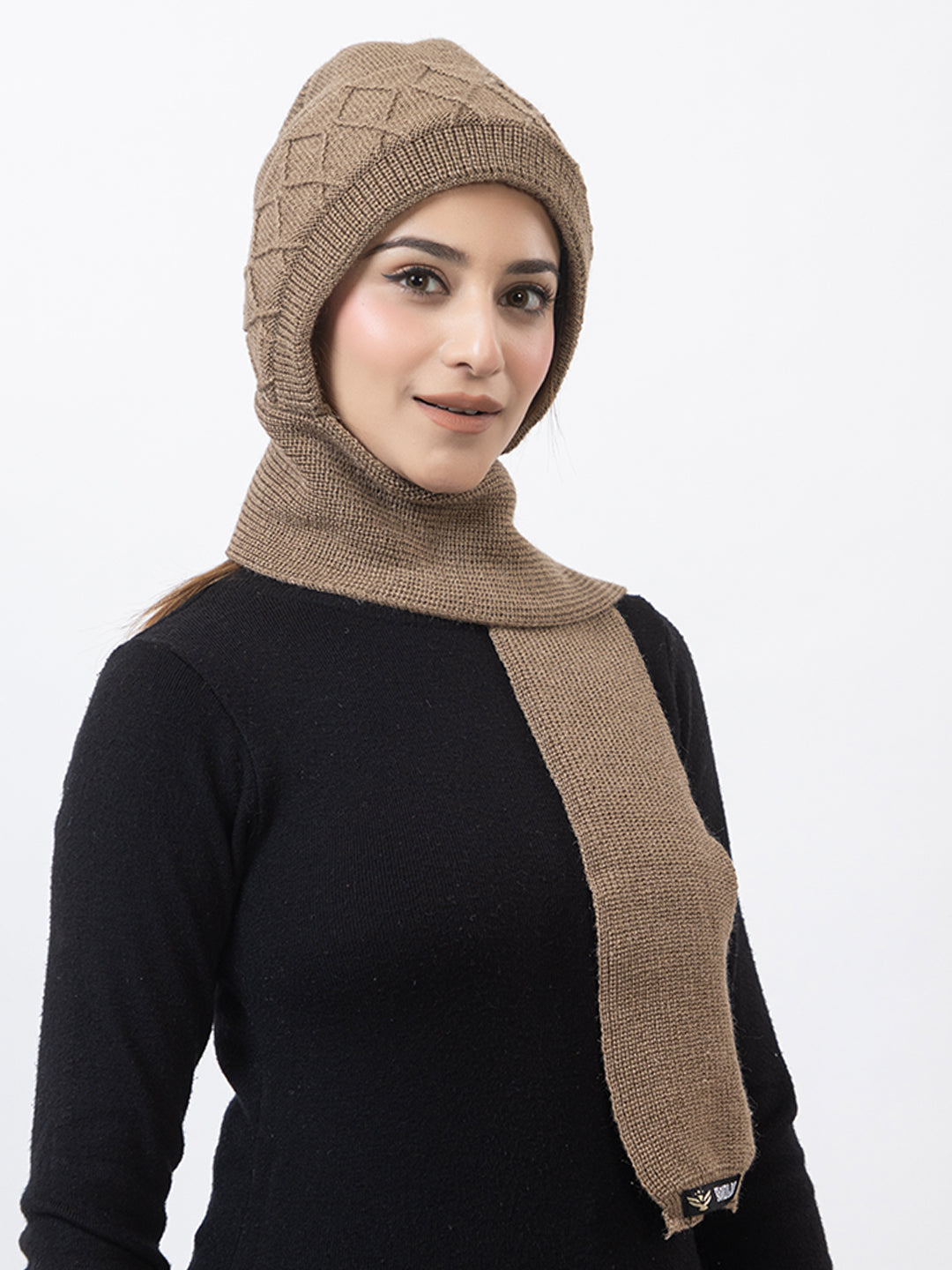 AMOLDO Women's Wool Beanie Fleece Cap with Attached Scarf- Beige