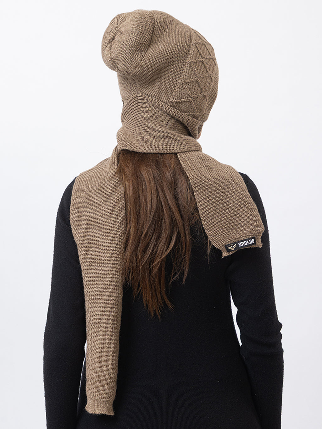 AMOLDO Women's Wool Beanie Fleece Cap with Attached Scarf- Beige