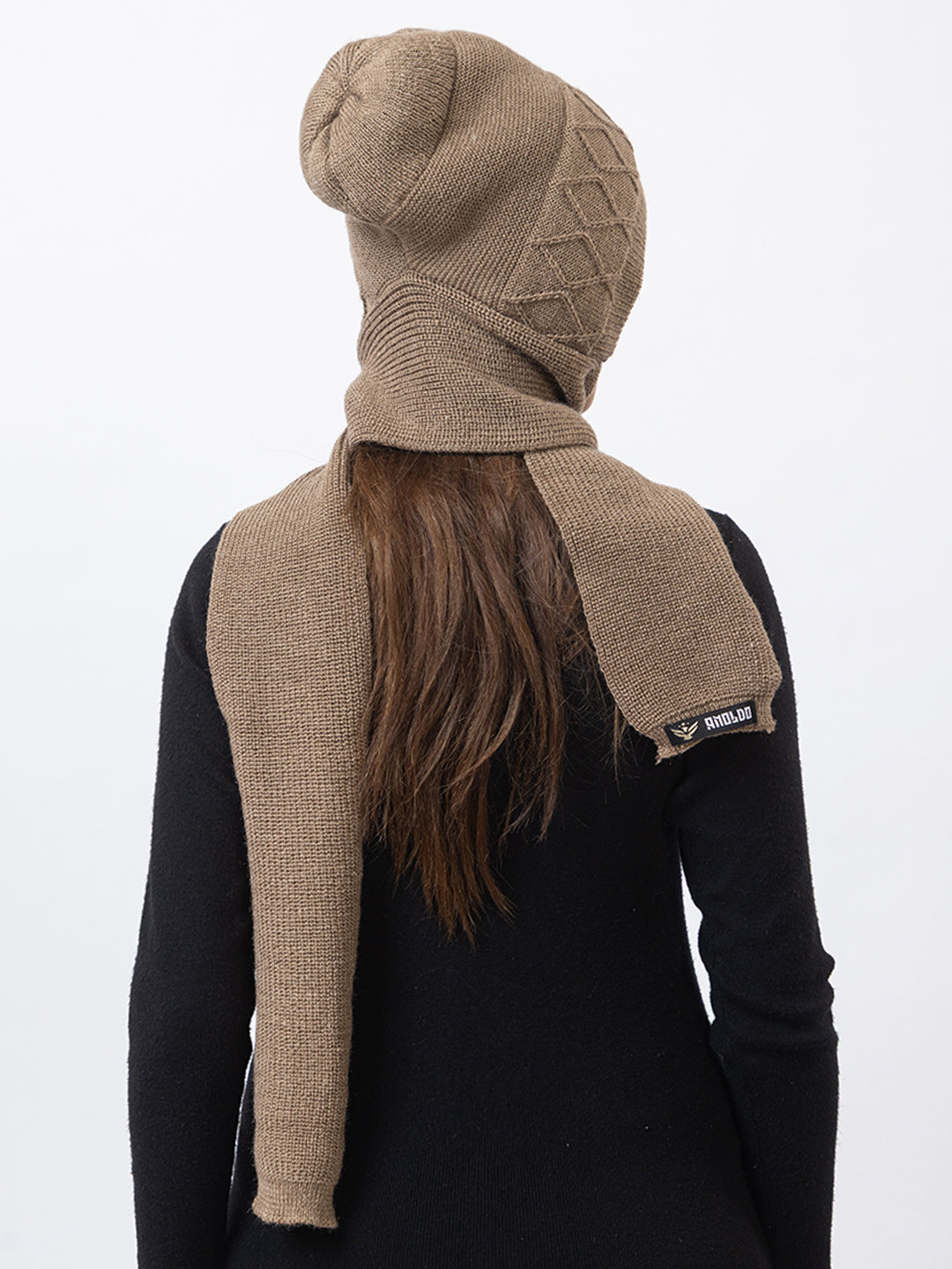 AMOLDO Women's Wool Beanie Fleece Cap with Attached Scarf- Beige