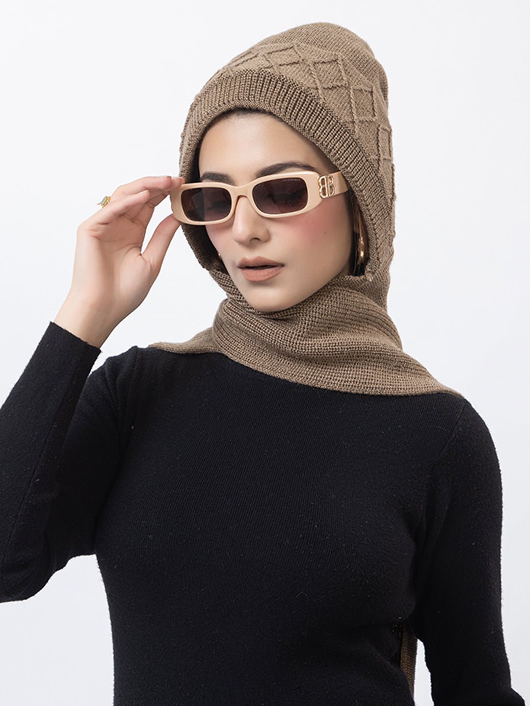 AMOLDO Women's Wool Beanie Fleece Cap with Attached Scarf- Beige