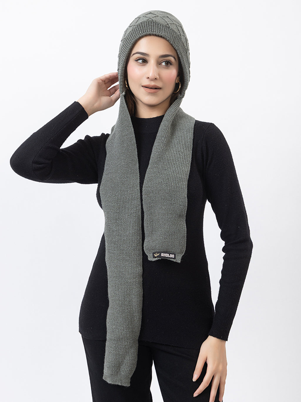 AMOLDO Women's Wool Beanie Fleece Cap with Attached Scarf- Grey