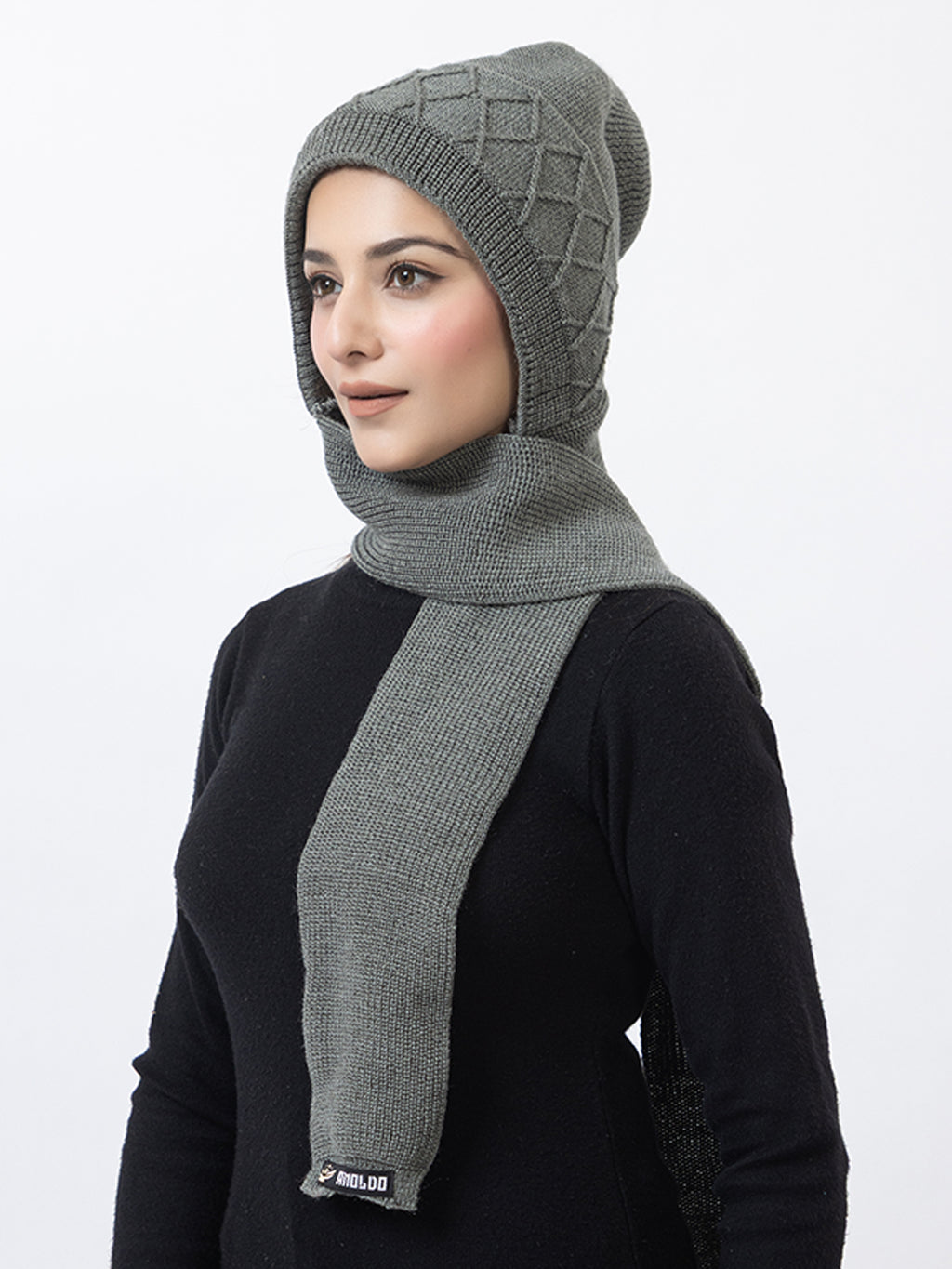 AMOLDO Women's Wool Beanie Fleece Cap with Attached Scarf- Grey