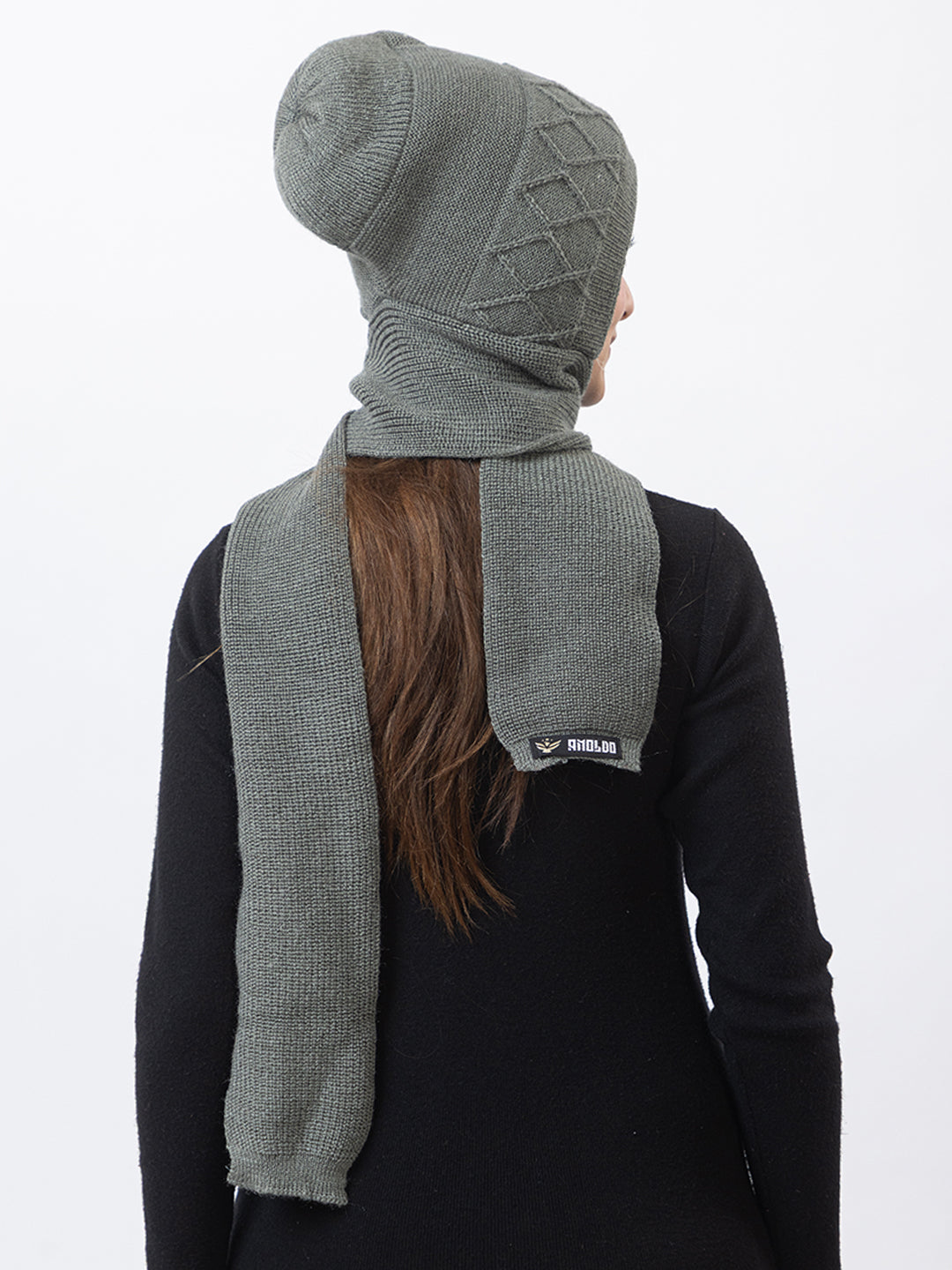 AMOLDO Women's Wool Beanie Fleece Cap with Attached Scarf- Grey