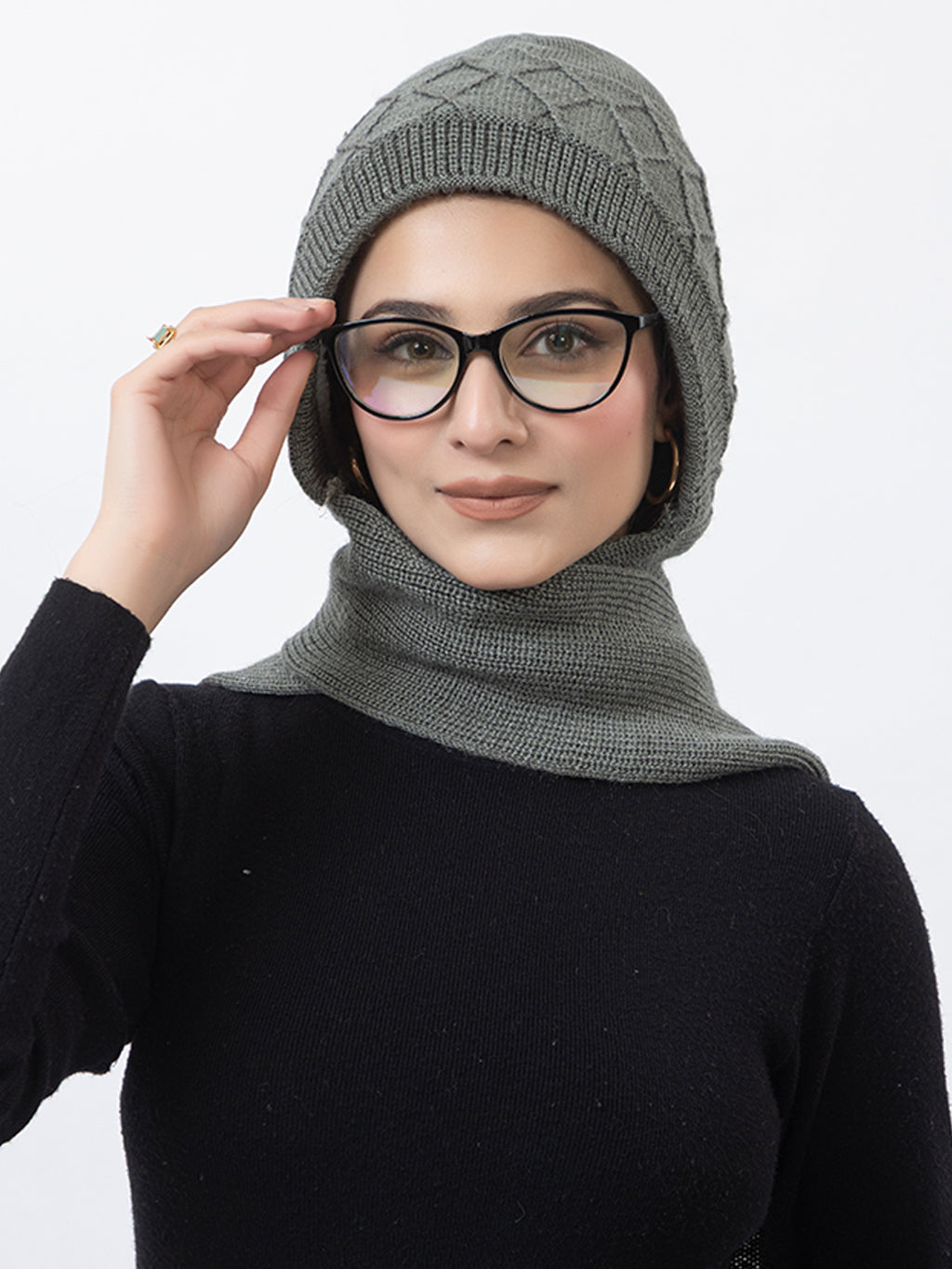 AMOLDO Women's Wool Beanie Fleece Cap with Attached Scarf- Grey