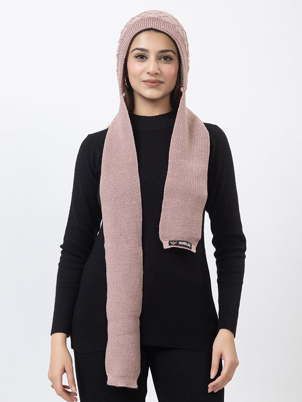 AMOLDO Women's Wool Beanie Fleece Cap with Attached Scarf- Pink