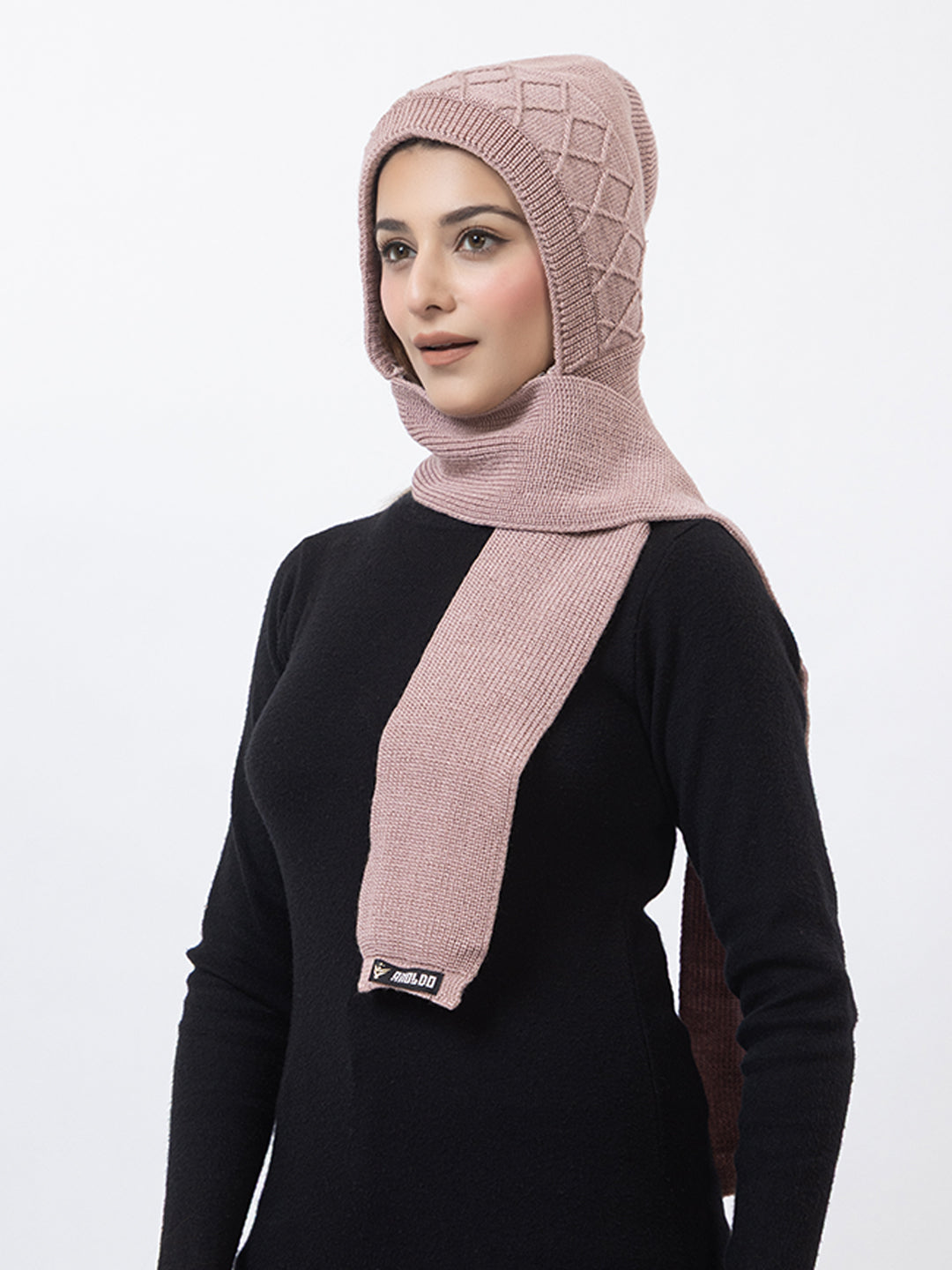AMOLDO Women's Wool Beanie Fleece Cap with Attached Scarf- Pink