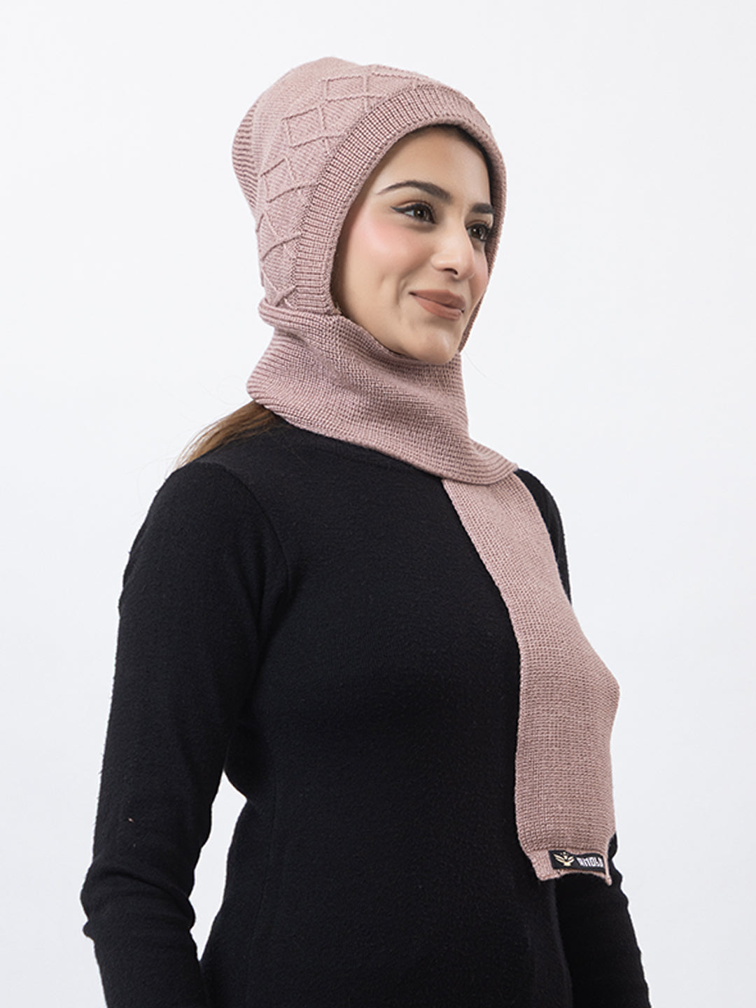 AMOLDO Women's Wool Beanie Fleece Cap with Attached Scarf- Pink