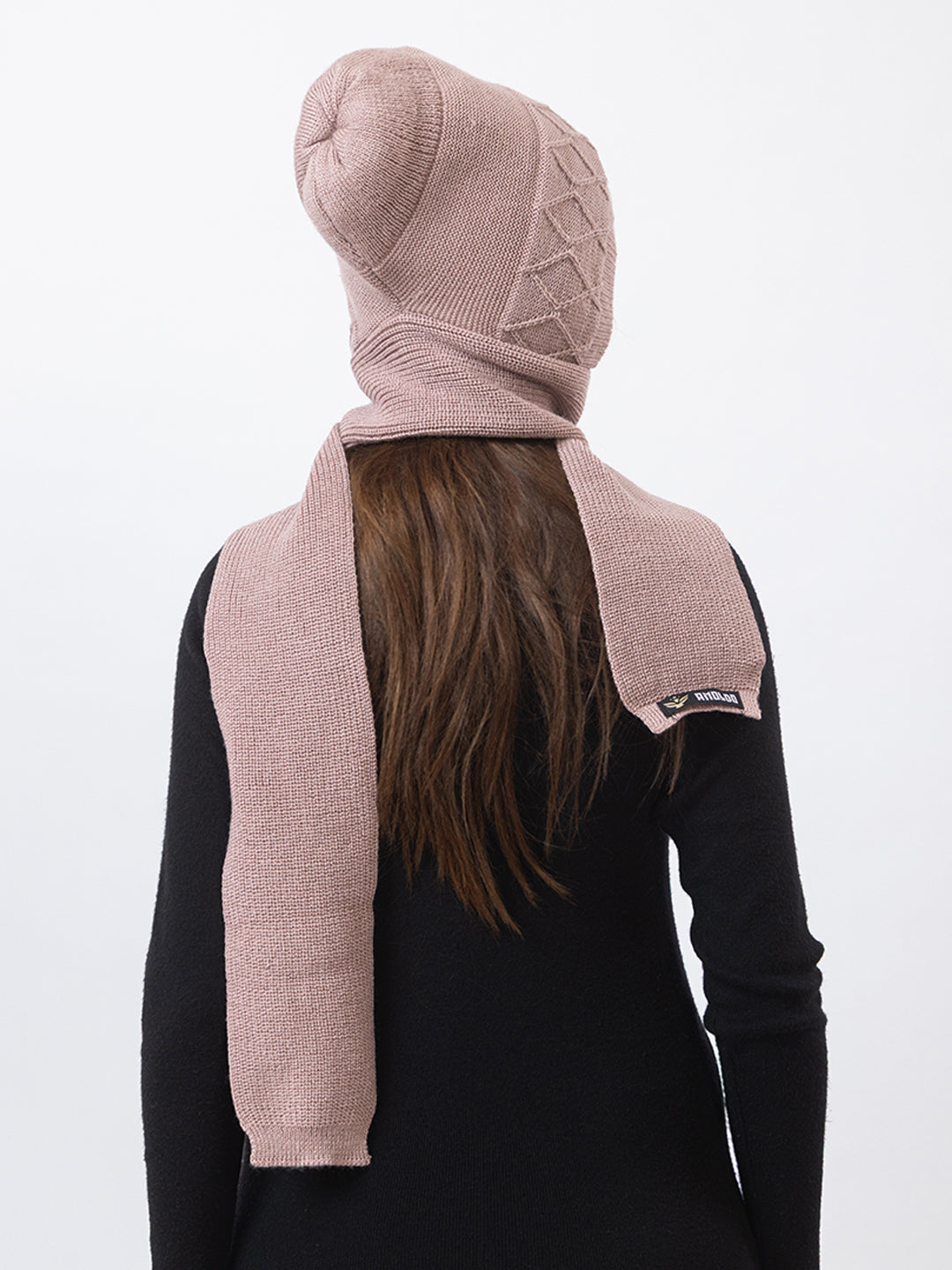 AMOLDO Women's Wool Beanie Fleece Cap with Attached Scarf- Pink