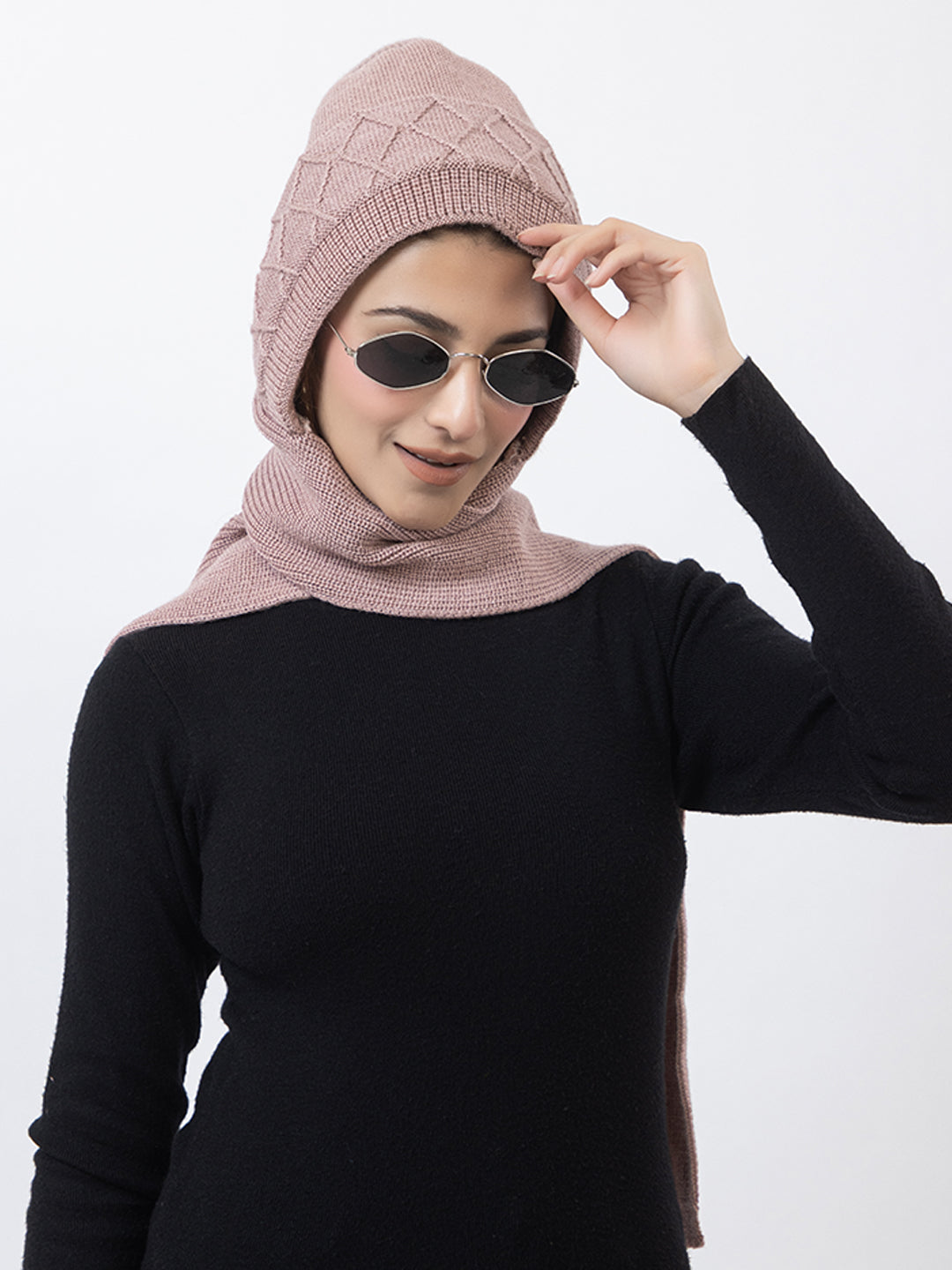 AMOLDO Women's Wool Beanie Fleece Cap with Attached Scarf- Pink