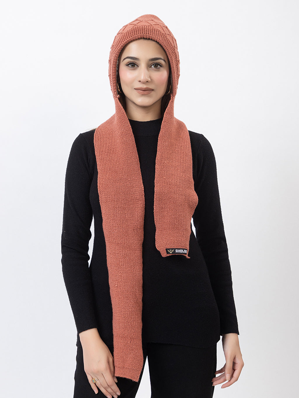 AMOLDO Women's Wool Beanie Fleece Cap with Attached Scarf- Rust