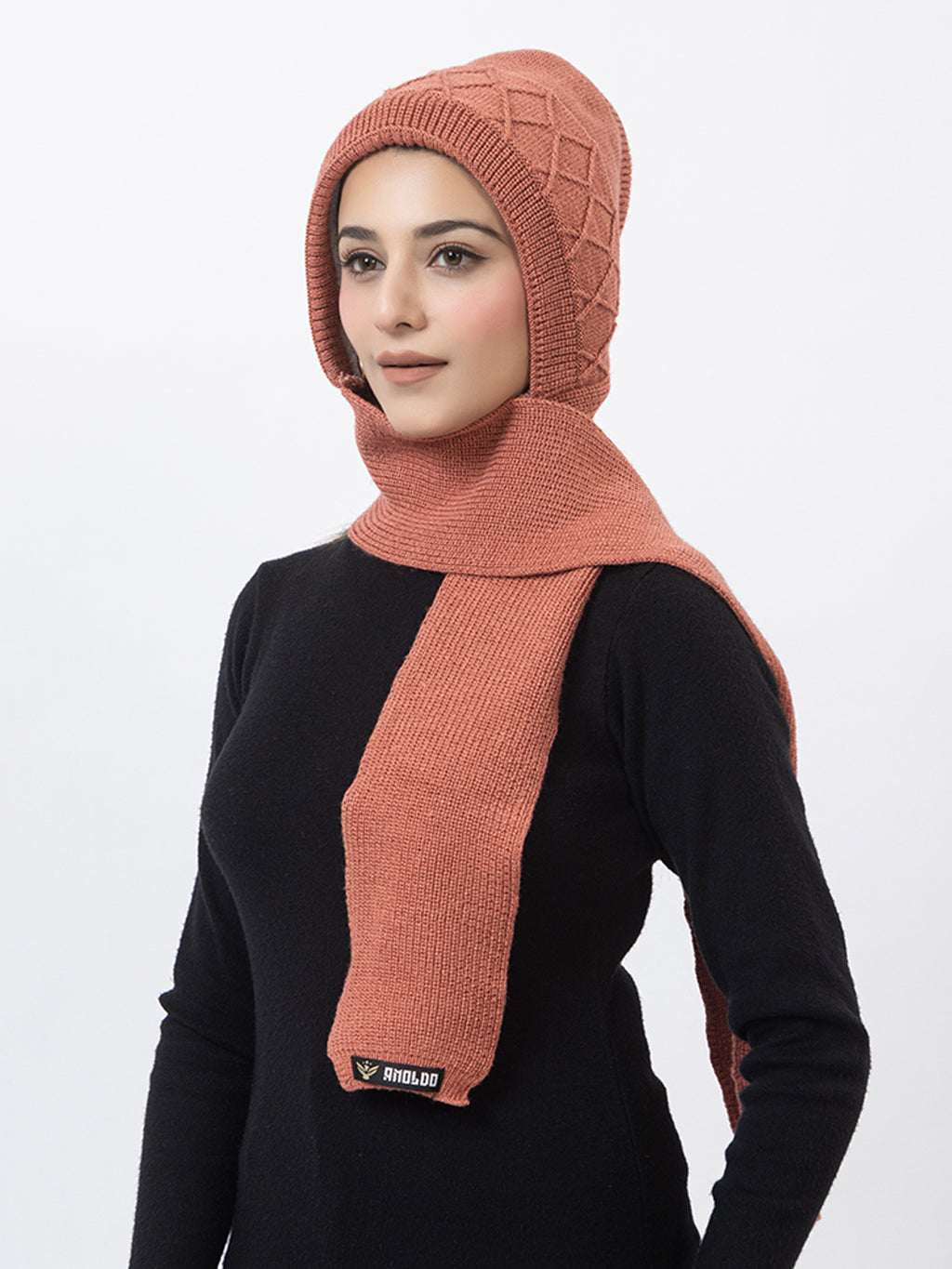 AMOLDO Women's Wool Beanie Fleece Cap with Attached Scarf- Rust