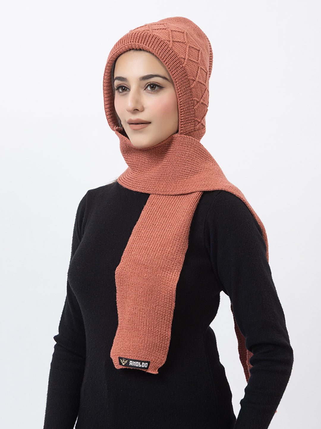 AMOLDO Women's Wool Beanie Fleece Cap with Attached Scarf- Rust