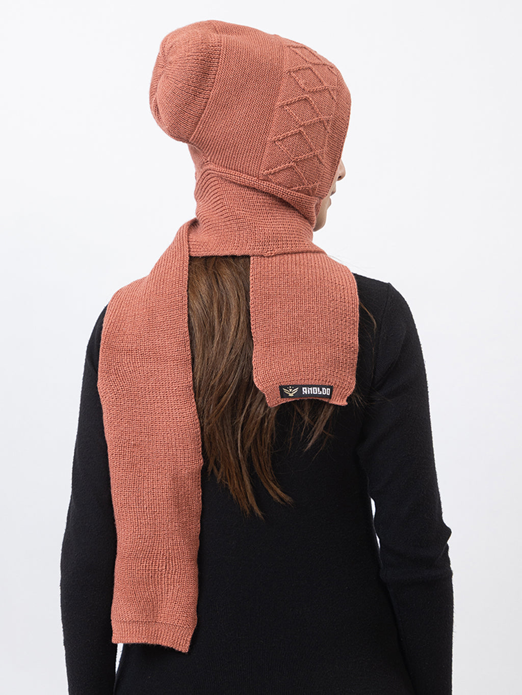 AMOLDO Women's Wool Beanie Fleece Cap with Attached Scarf- Rust