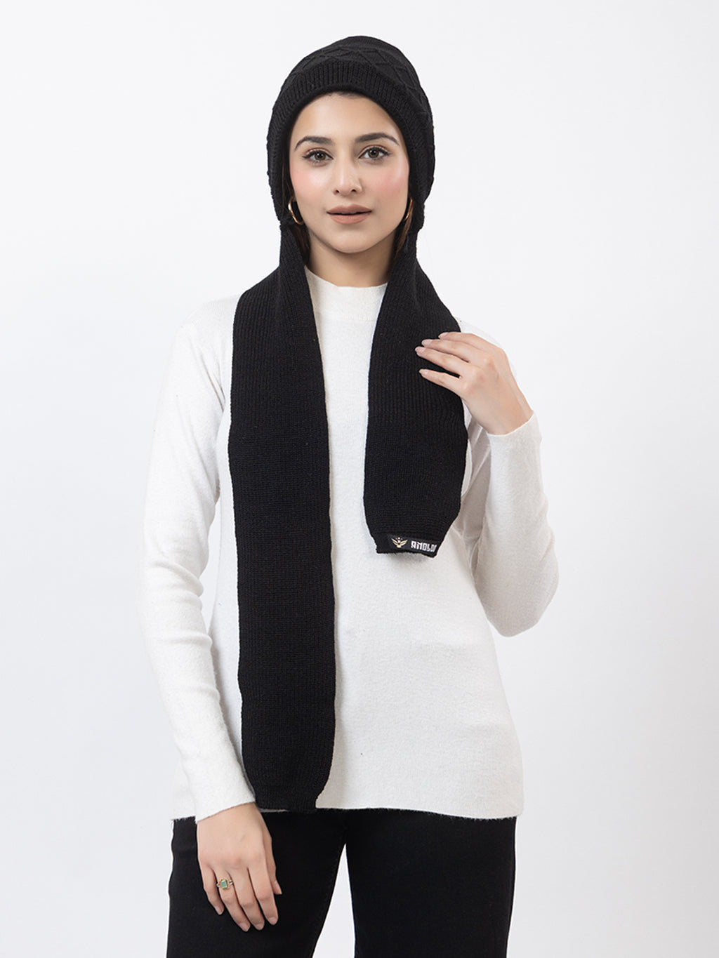 AMOLDO Women's Wool Beanie Fleece Cap with Attached Scarf- Black