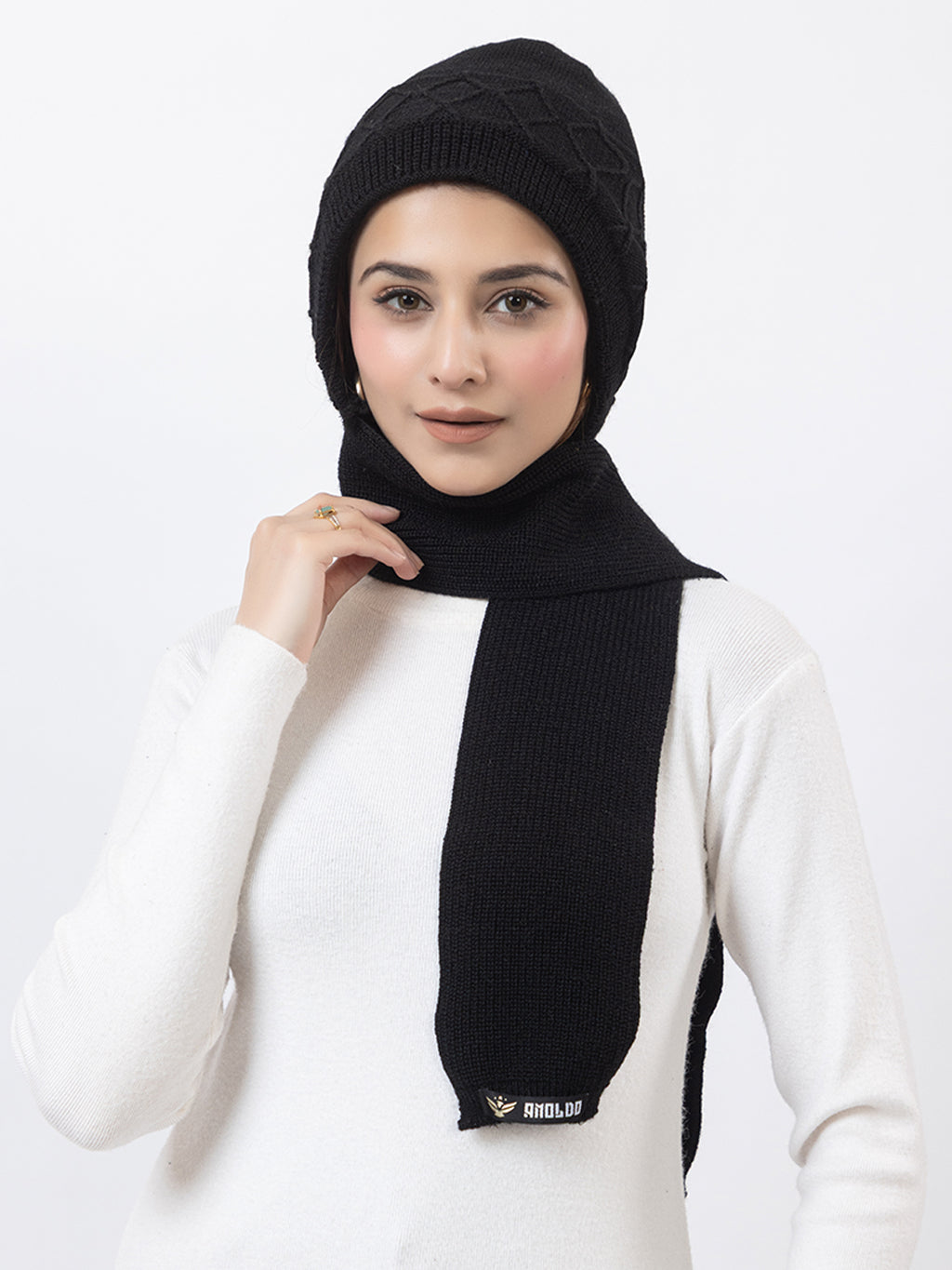 AMOLDO Women's Wool Beanie Fleece Cap with Attached Scarf- Black