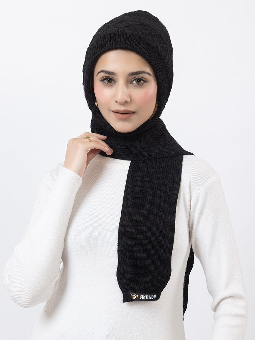 AMOLDO Women's Wool Beanie Fleece Cap with Attached Scarf- Black
