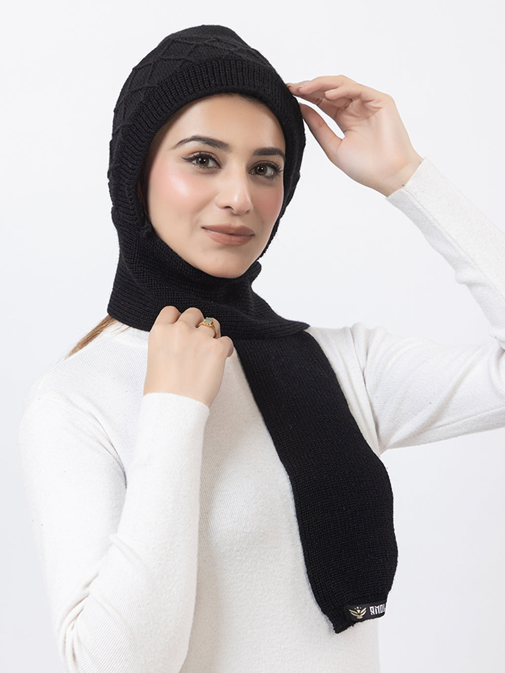 AMOLDO Women's Wool Beanie Fleece Cap with Attached Scarf- Black