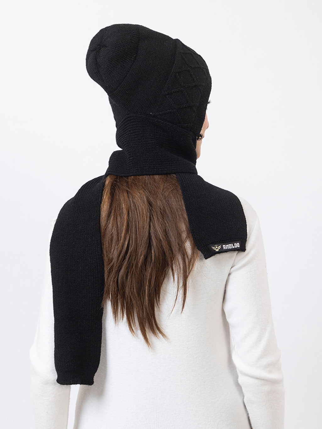AMOLDO Women's Wool Beanie Fleece Cap with Attached Scarf- Black