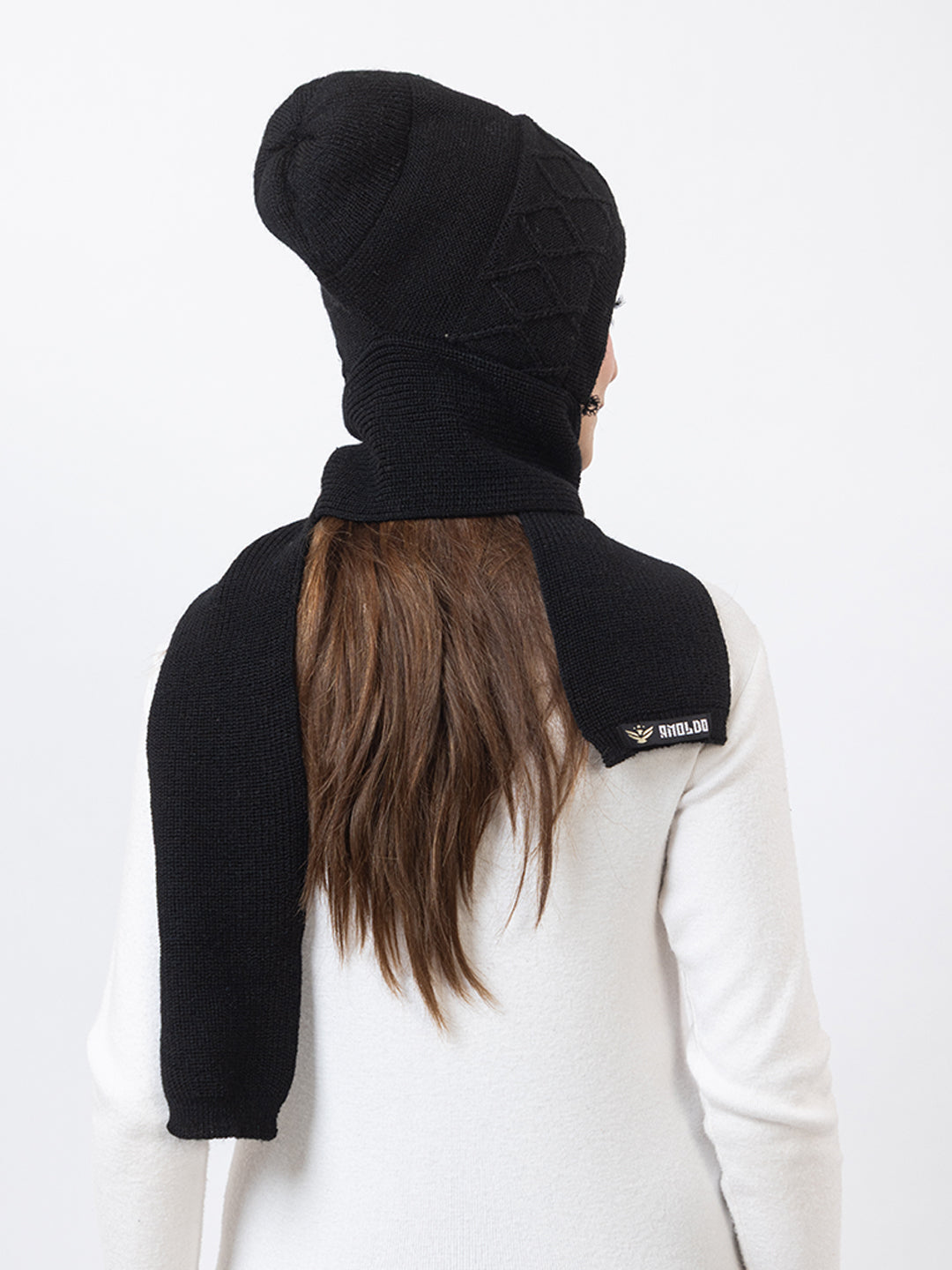 AMOLDO Women's Wool Beanie Fleece Cap with Attached Scarf- Black