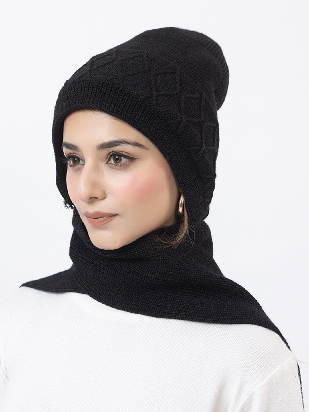 AMOLDO Women's Wool Beanie Fleece Cap with Attached Scarf- Black