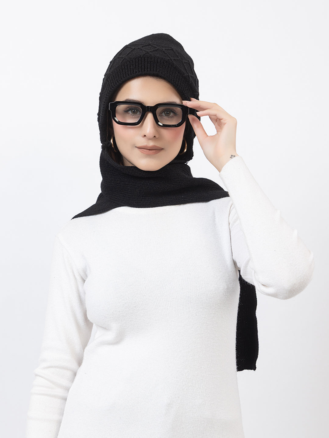 AMOLDO Women's Wool Beanie Fleece Cap with Attached Scarf- Black