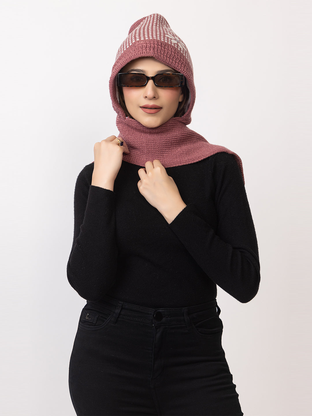 Woolen Knitted Beanie Cap with Printed Floral Design and Attached Scarf for Women - Onion