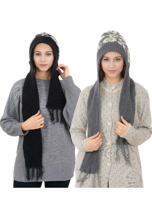 AMOLDO Women's Soft Knitted Warm Woolen Cap with Woolen Muffler Combo (Pack of 2)