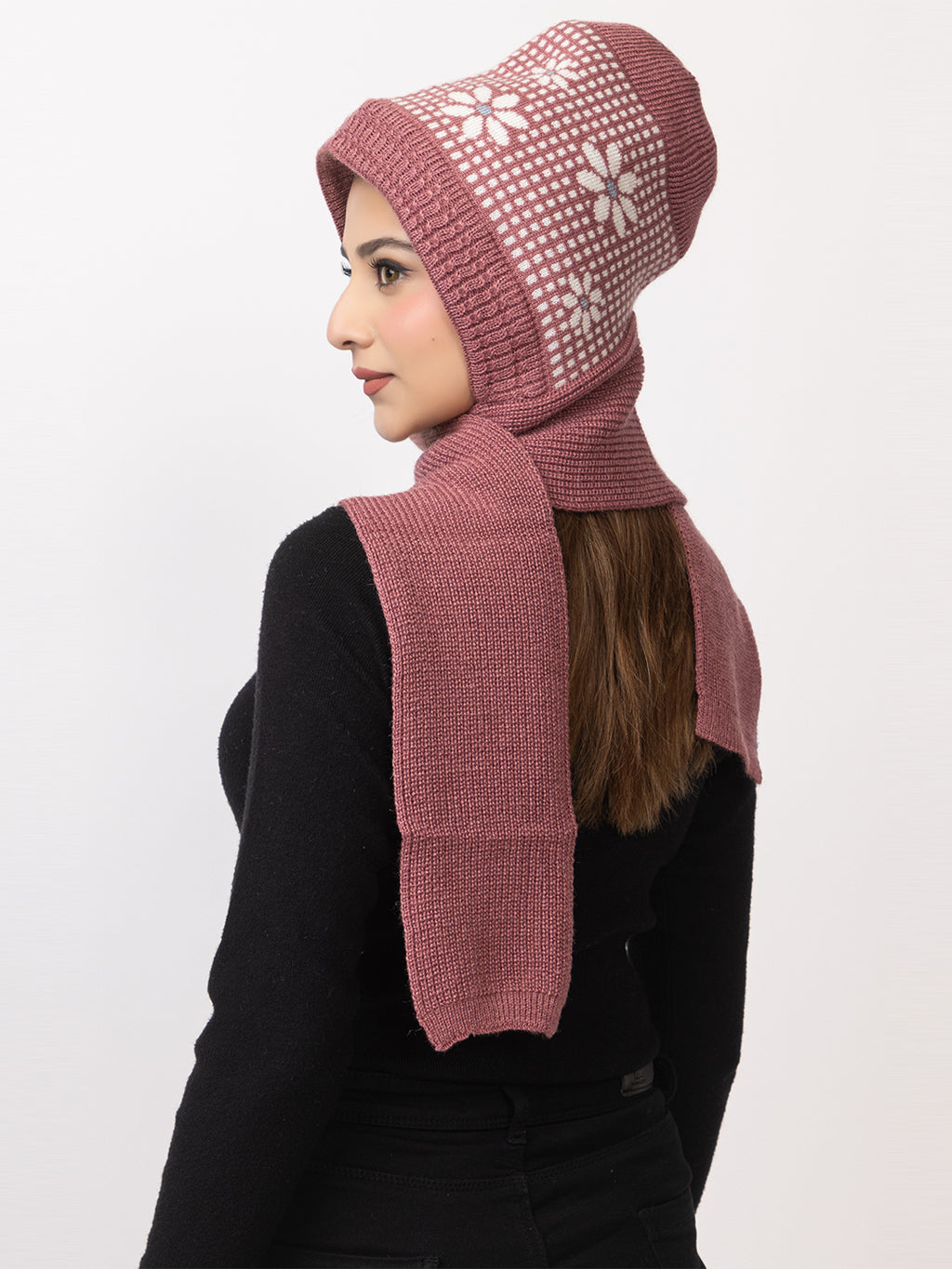 Woolen Knitted Beanie Cap with Printed Floral Design and Attached Scarf for Women - Onion