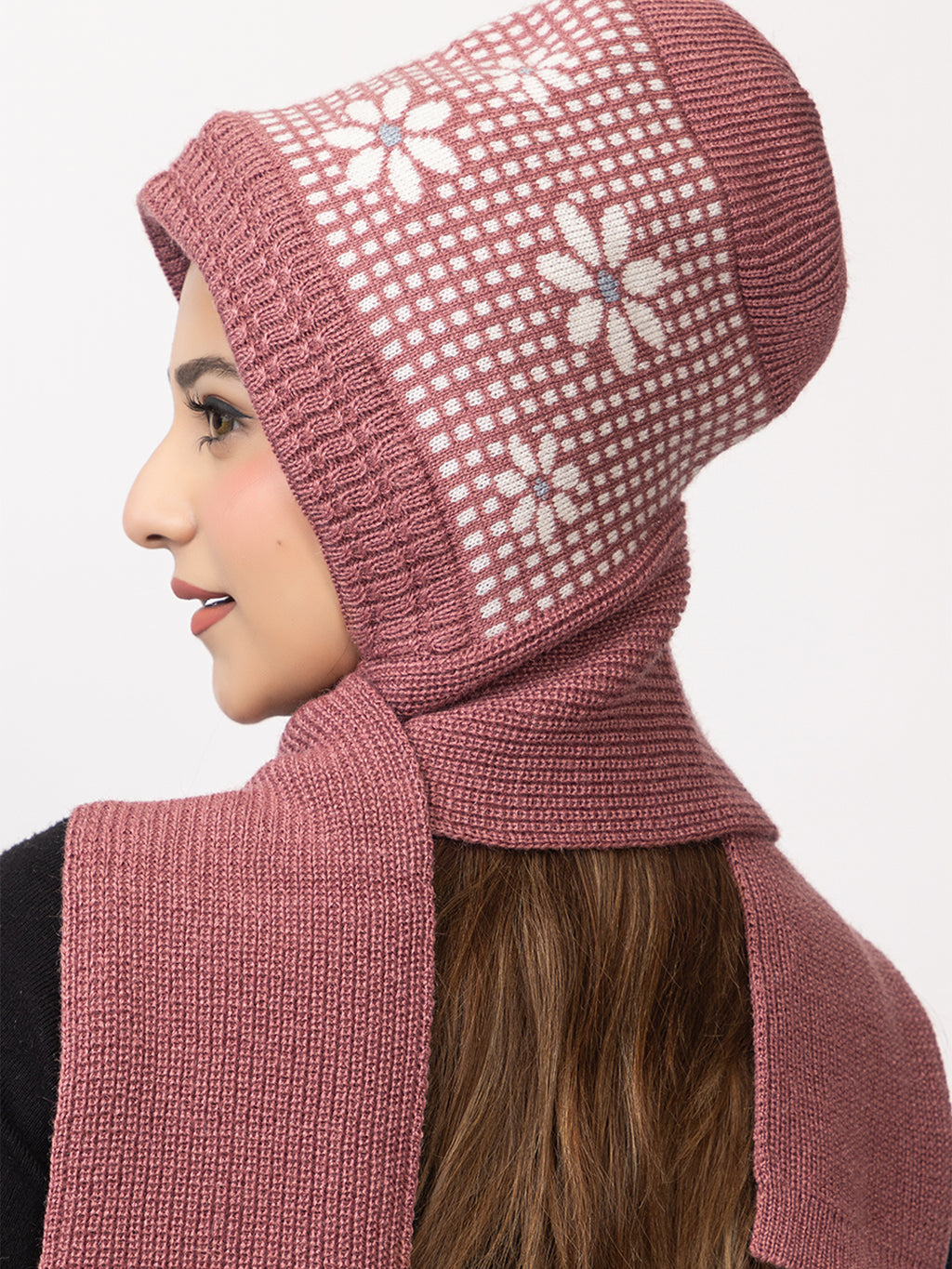 Woolen Knitted Beanie Cap with Printed Floral Design and Attached Scarf for Women - Onion