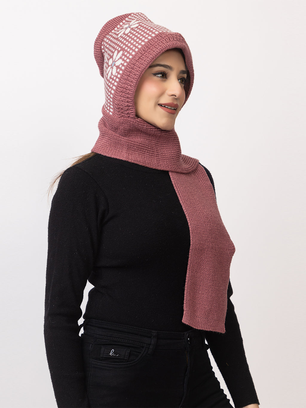 Woolen Knitted Beanie Cap with Printed Floral Design and Attached Scarf for Women - Onion