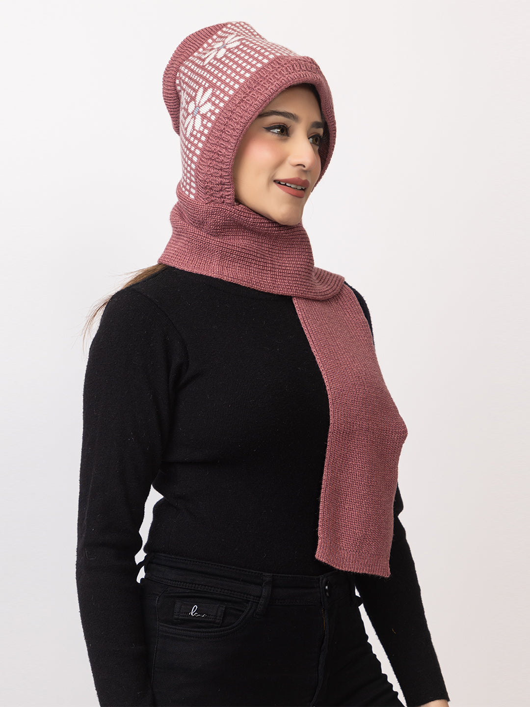 Woolen Knitted Beanie Cap with Printed Floral Design and Attached Scarf for Women - Onion