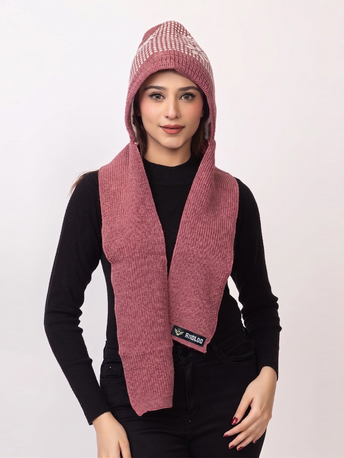 Woolen Knitted Beanie Cap with Printed Floral Design and Attached Scarf for Women - Onion