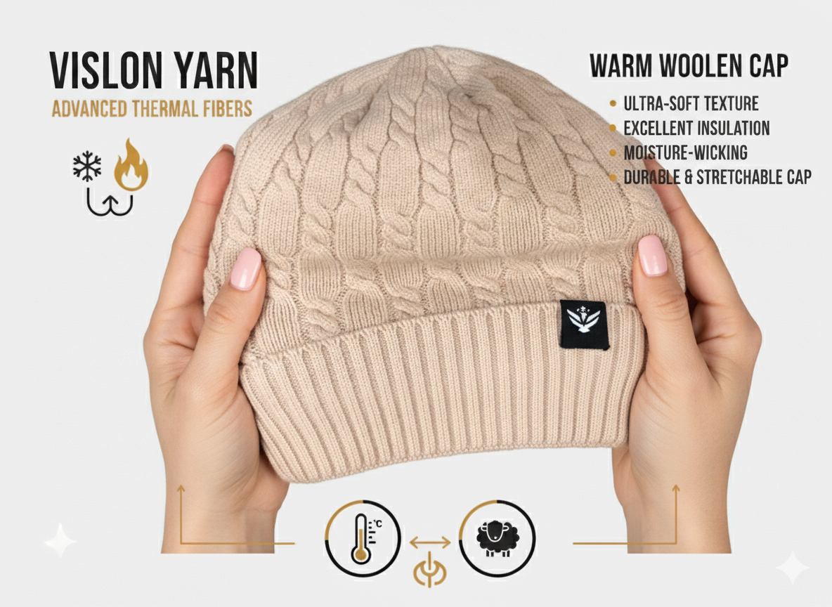 Unisex Beige Winter Wool Cap | Warm Soft Stretch Beanie with Braid Design