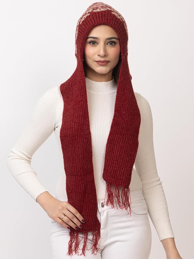Women's Wool Blend Cap with Muffler - Maroon | Amoldo