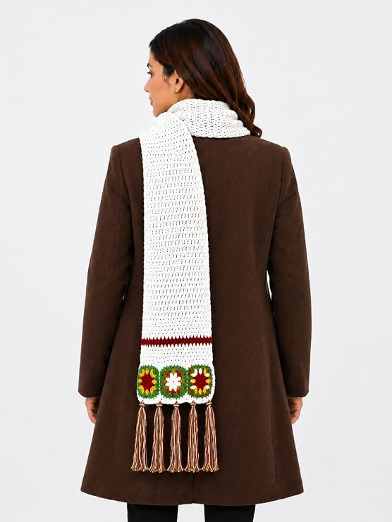 AMOLDO Women’s Handmade Crochet Winter Scarf with Floral Tassels