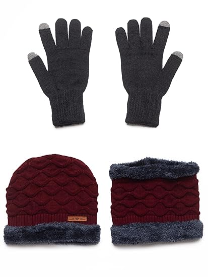 maroon beanie neck set with gloves double