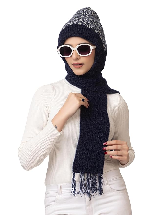 Women's Wool Blend Cap with Muffler - Navy | Amoldo