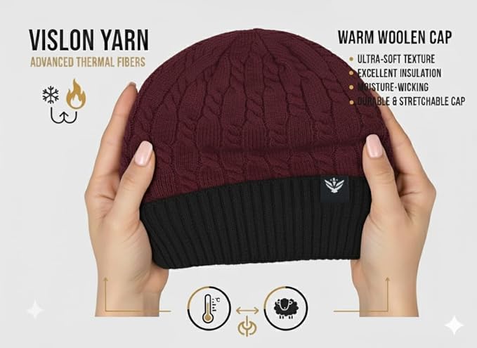 Unisex Woolen Winter Cap | Warm Knit Beanie - Maroon